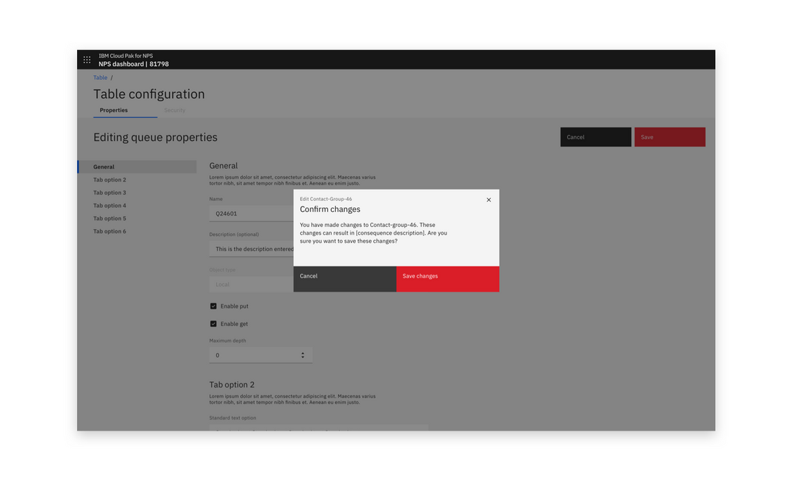 Example of a modal warning users of the consequences of saving after a full-page edit